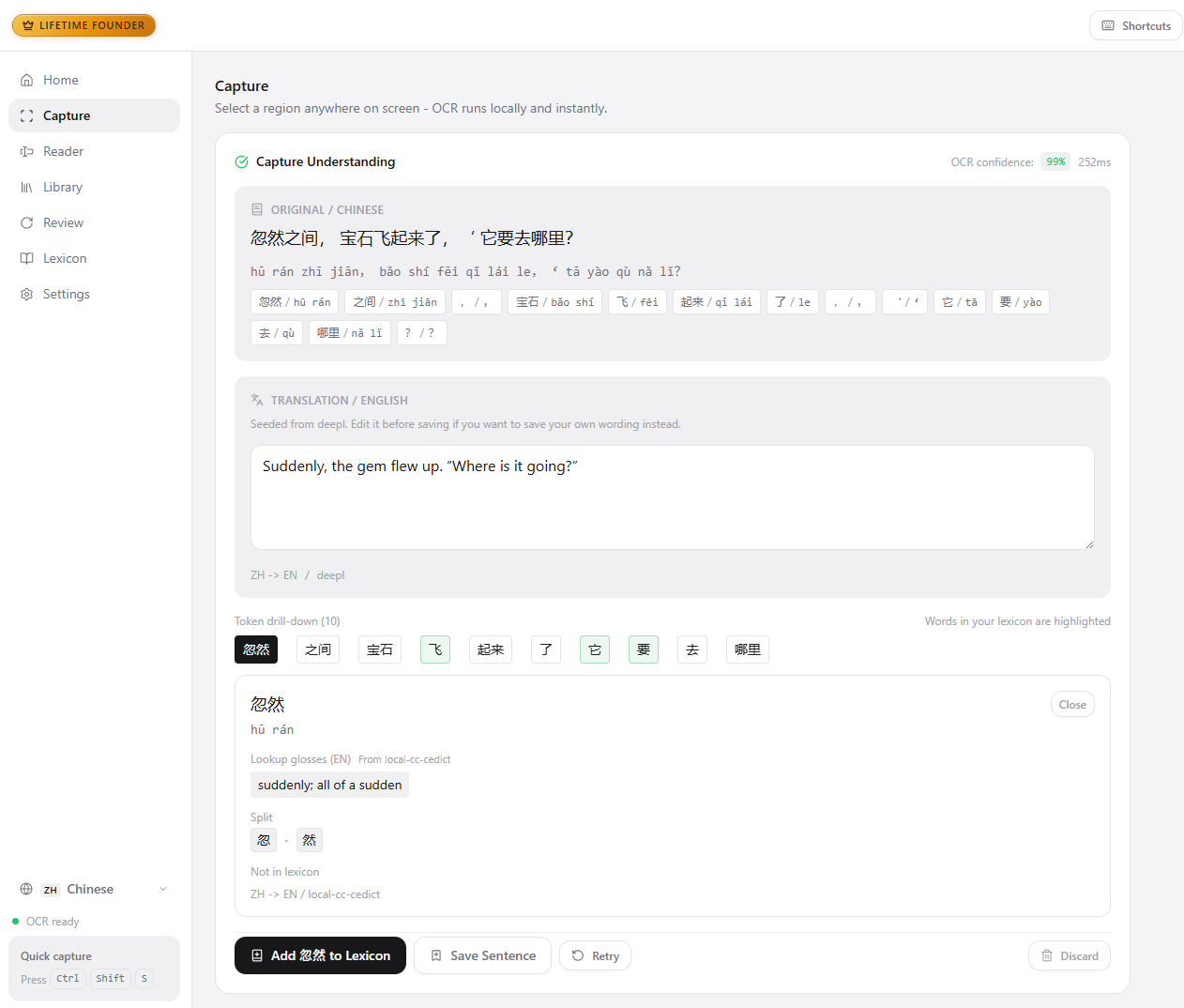 Glyphly Capture view: recognised Mandarin text with pinyin, an English translation, per-word token drill-down, and a dictionary lookup.